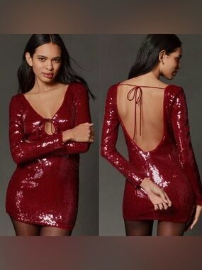 BARDOT Verona Red Long Sleeve Sequin Mini Dress Backless Bow Detail Formal Event